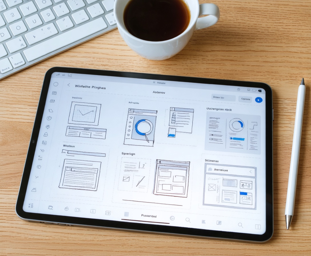 Detailansicht des Lehrplans mit Wireframes und Notizen auf einem Tablet