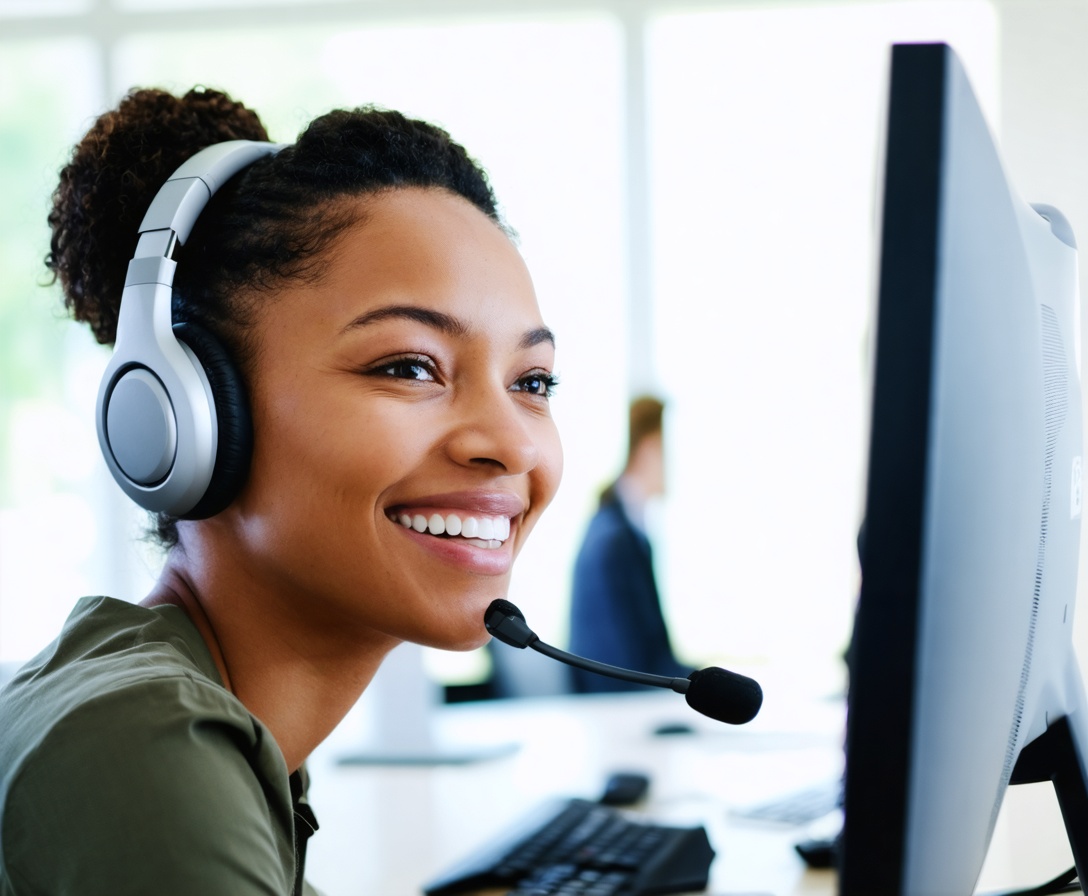 Freundliche Mitarbeiterin am Computer, die bereit für Support-Anfragen ist
